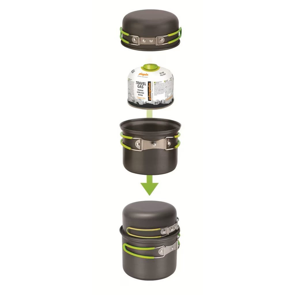 Set Vase Camping Pinguin Solo Alu – Ultra-Ușor din Aluminiu Anodizat pentru 1 Persoană (Oală + Tigaie/Capac)
