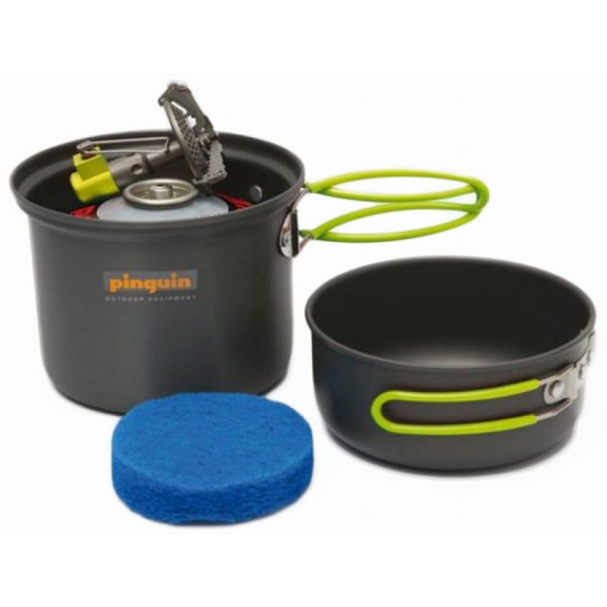 Set Vase Camping Pinguin Solo Alu – Ultra-Ușor din Aluminiu Anodizat pentru 1 Persoană (Oală + Tigaie/Capac)