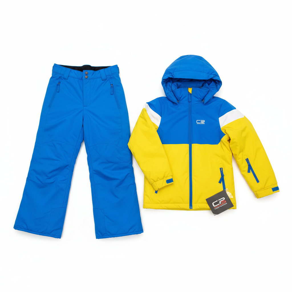 Costum schi copii albastru-galben fundal alb