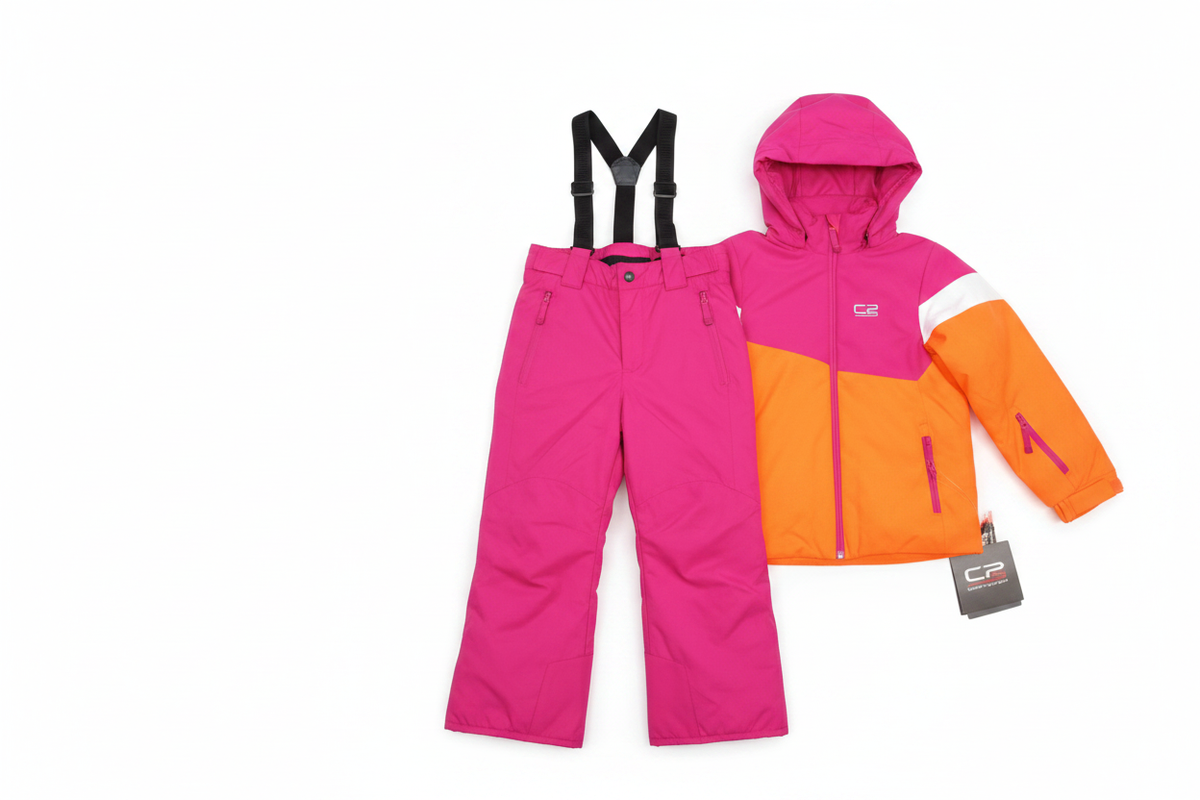Costum ski copii roz-portocaliu fundal alb