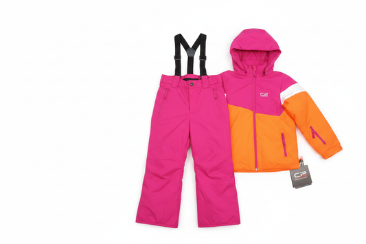 Costum ski copii roz-portocaliu fundal alb