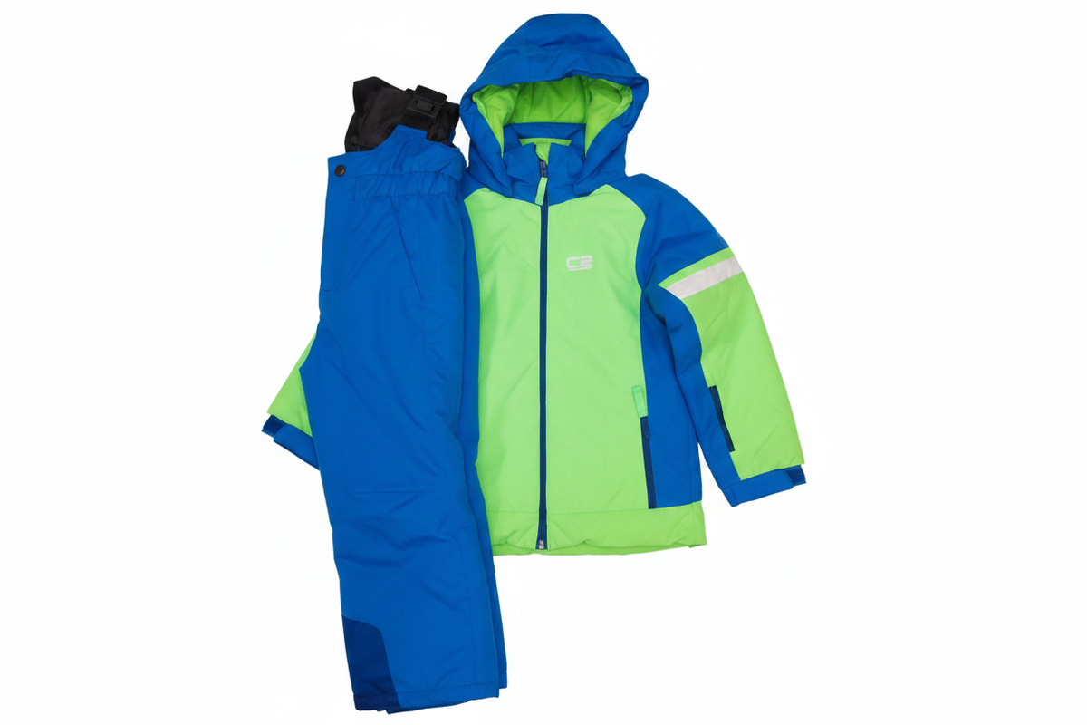 Costum ski copii verde-albastru fundal alb