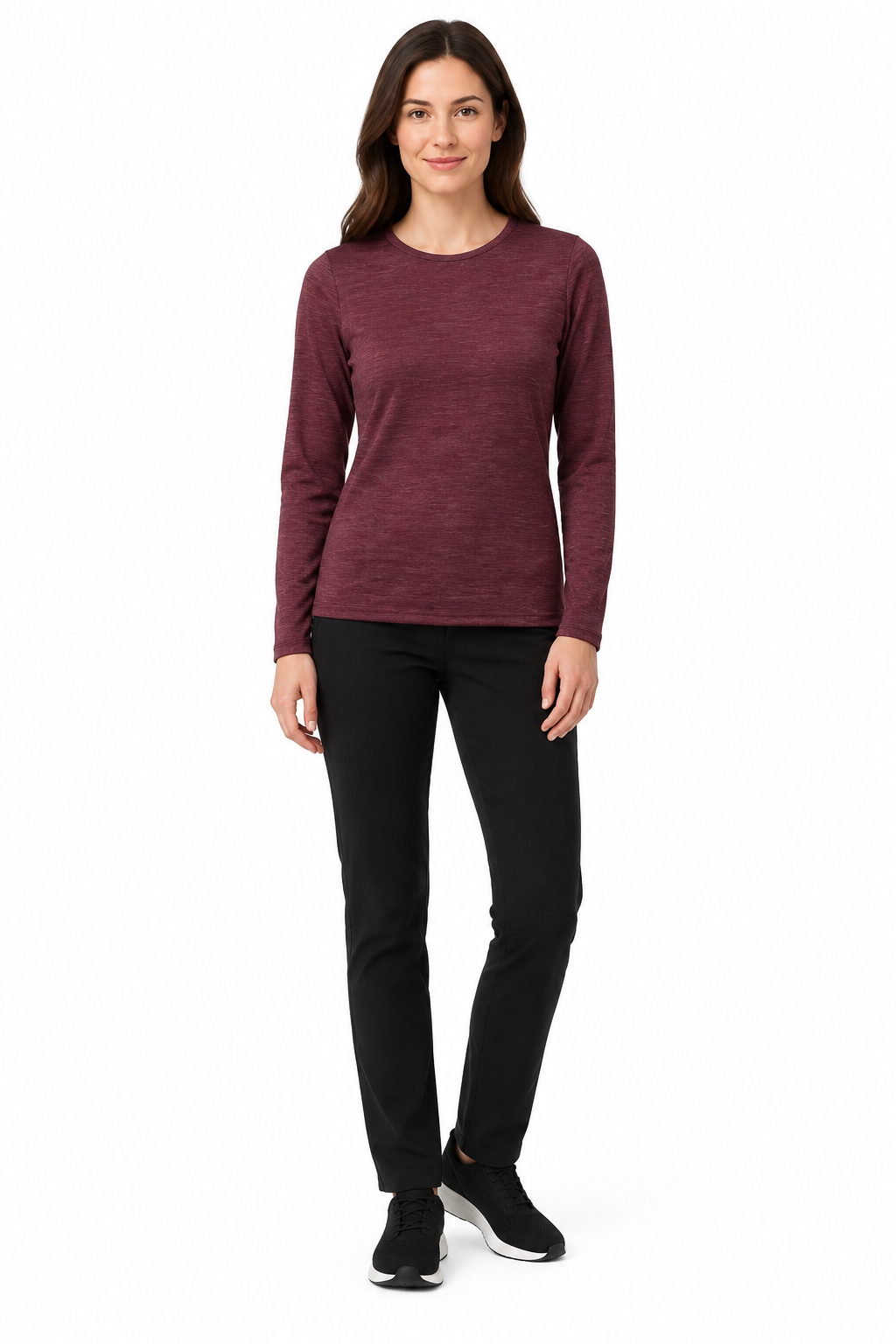 Bluză damă Merinito 200g din lână merino dark red, purtată de o domnișoară pe fundal alb