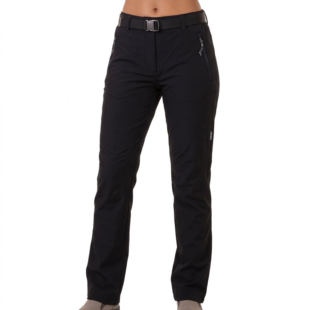 Pantaloni Andia pe model feminin, cu talia discret vizibilă